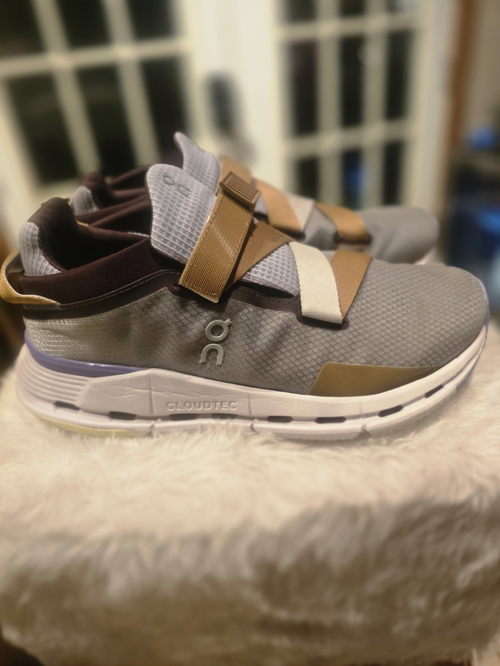 On Running Gray Athletic Sneakers with Brown and Cream Straps